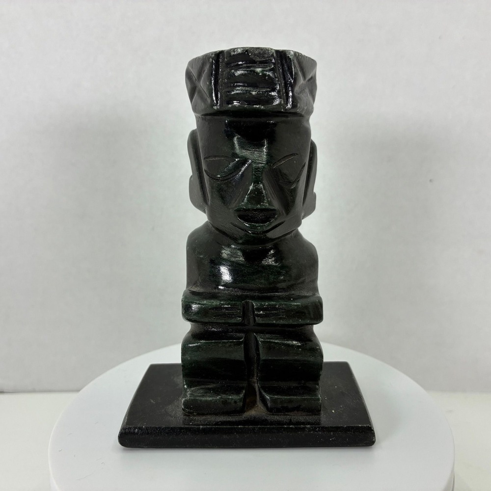 Vintage Hand Carved Dark Green Stone Mayan Aztec Idol Figurine Sculpture 4.5"